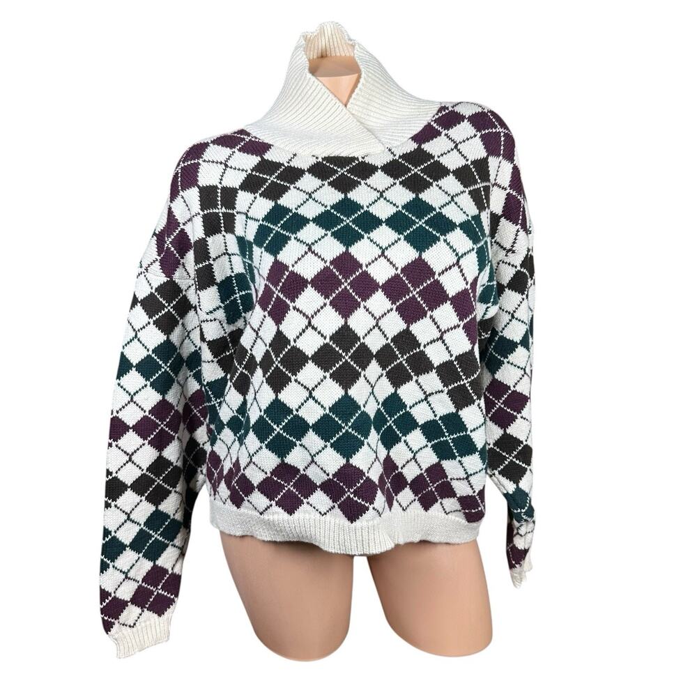 Vtg Alcott & Andrews Shawl‎ Collar Womens L Argyle Sweater Warm 80s White Green